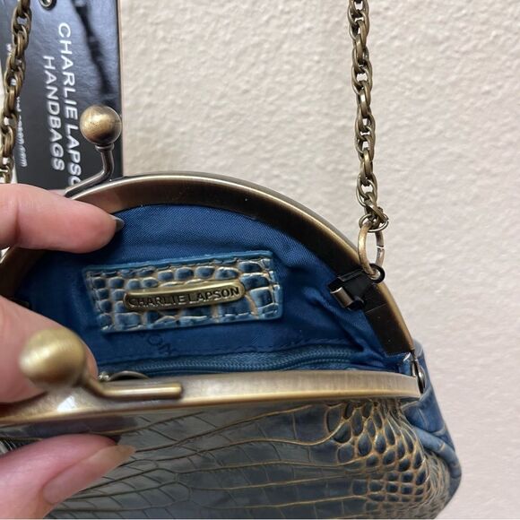 Charlie Lapson Kisslock Small Clam Shell Bag Purse Croc Embossed Leather - Picture 8 of 8